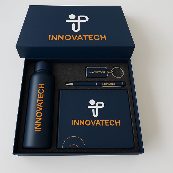 INNOVATECH branded gift box with bottle, notebook, pen and keyring